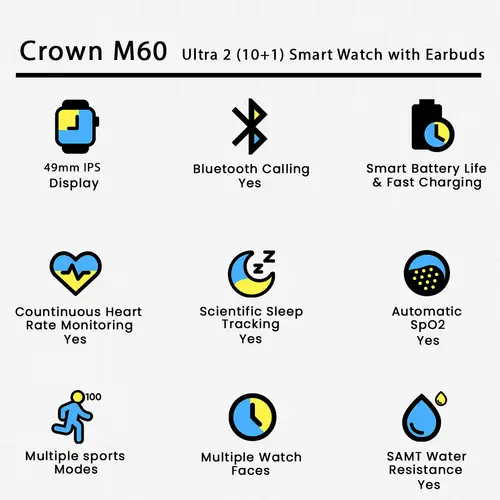 Crown M60 Ultra 2 10 1 Smart Watch With Earbuds image 3