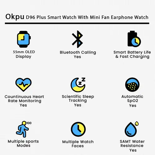 Okpu D96 Plus Smart Watch With Mini Fan Earphone Watch image 3