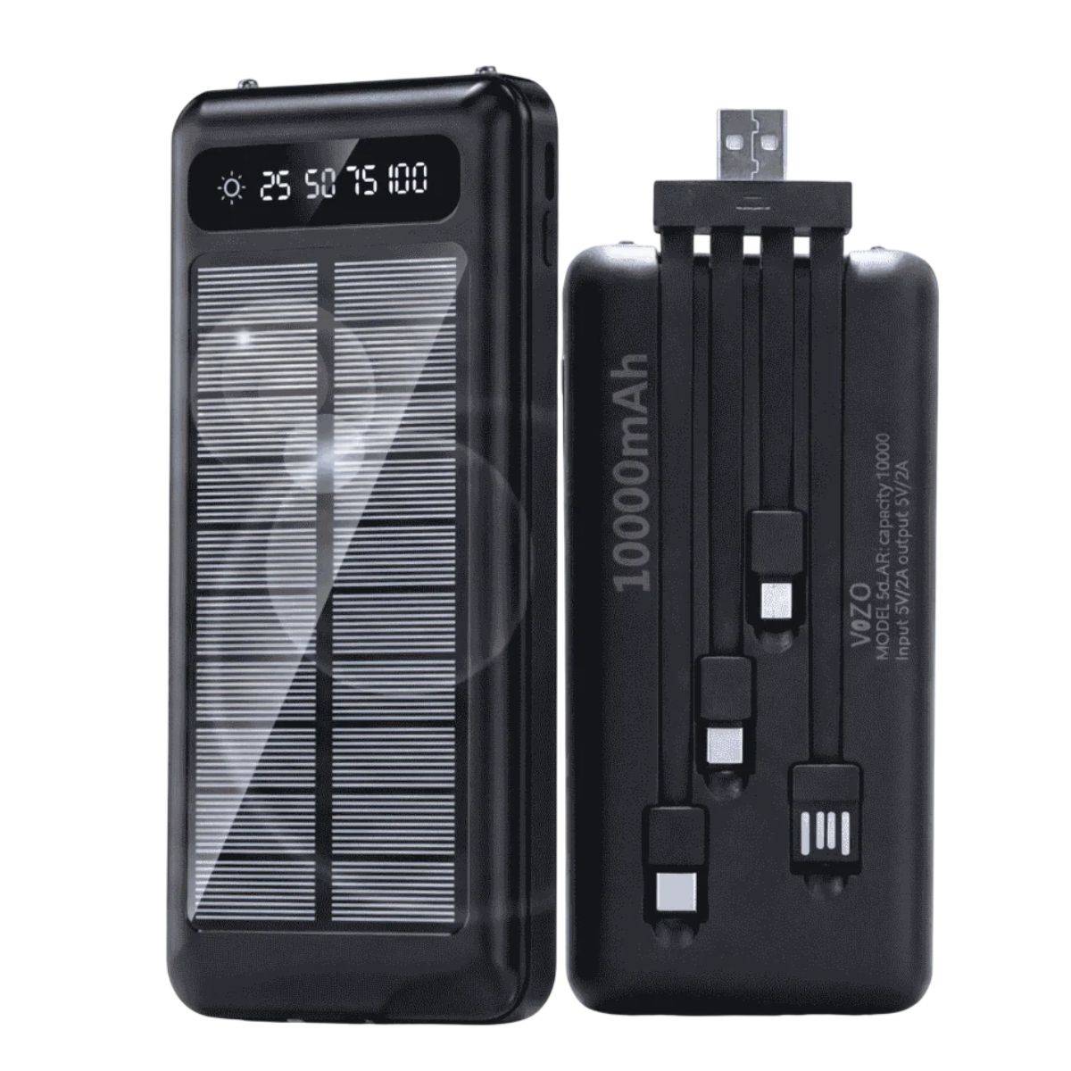 VIZO Solar-1 Power Bank 10000mAh 3A Super Fast Solar Charging with Built-In Cables